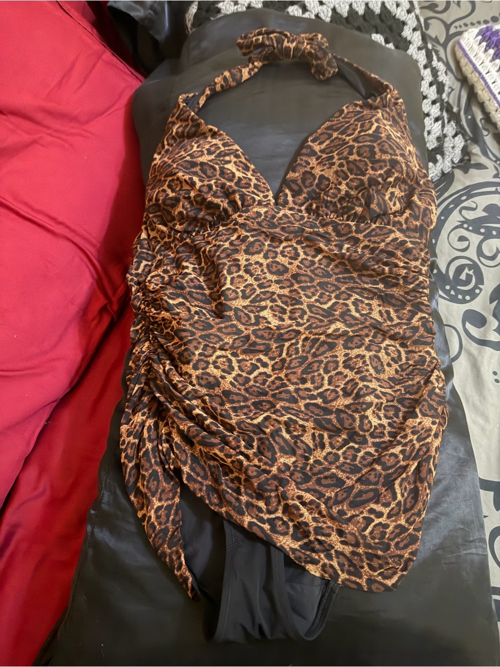 Leopard-Print Halter One-Piece Swimsuit - Brown